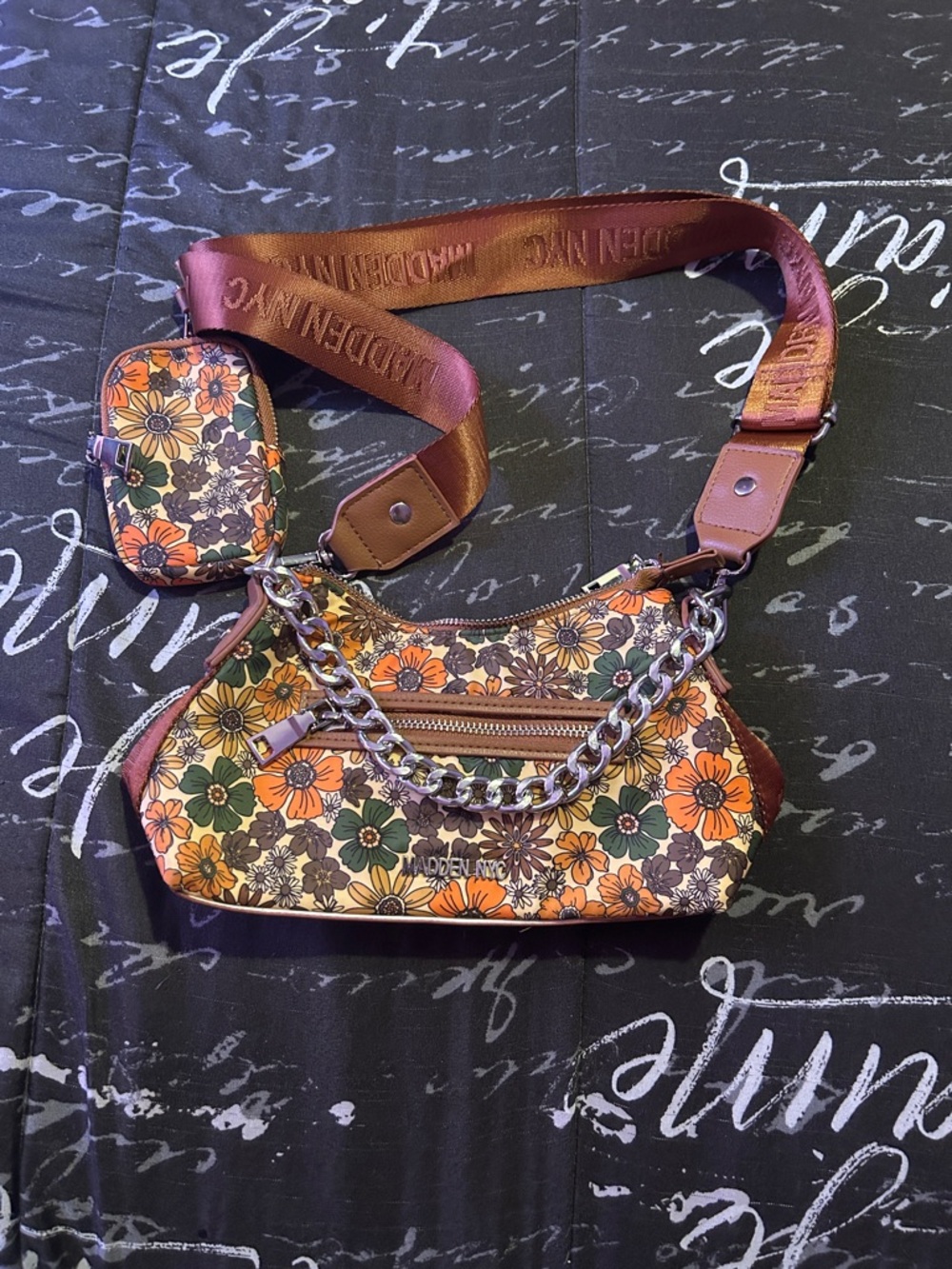 Floral Chain-Accent Shoulder Bag in Orange & Green by Madden NYC